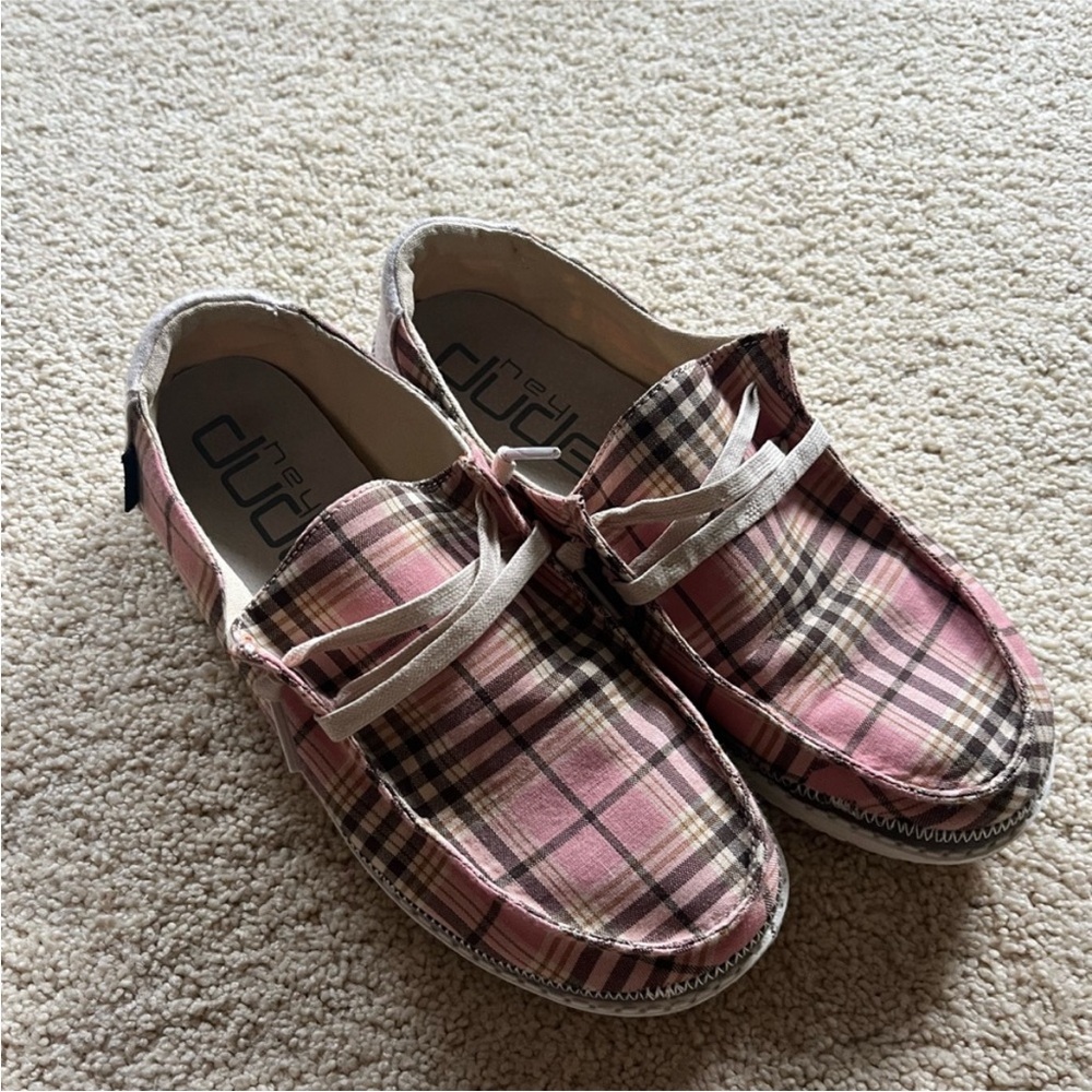 Women’s Hey Dude shoes. Pink plaid size 7